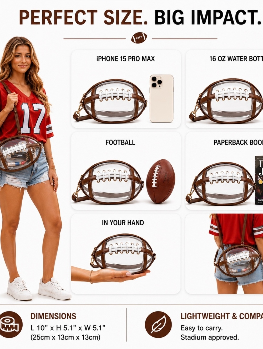 Football-Shaped Clear Crossbody Bag Stadium Approved Brown Purse - Picture 5 of 13